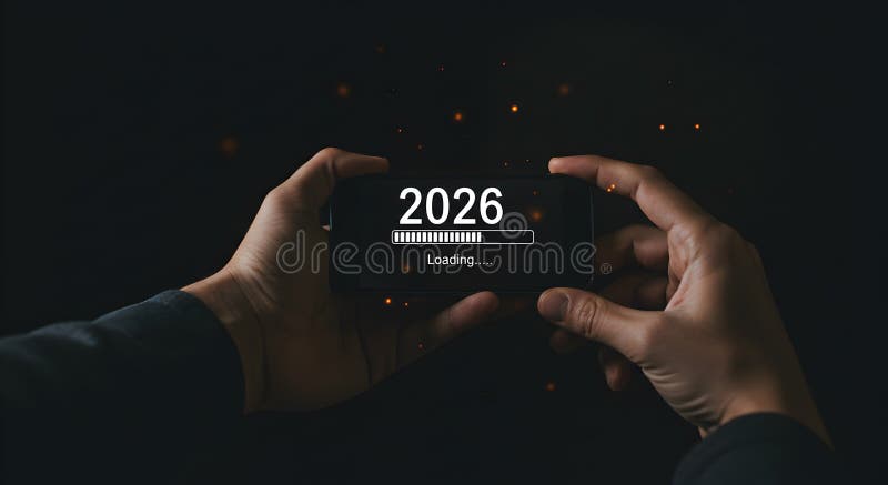 Loading screen on mobile phone showing year 2026 countdown for new year goals and future trends tech vector illustration