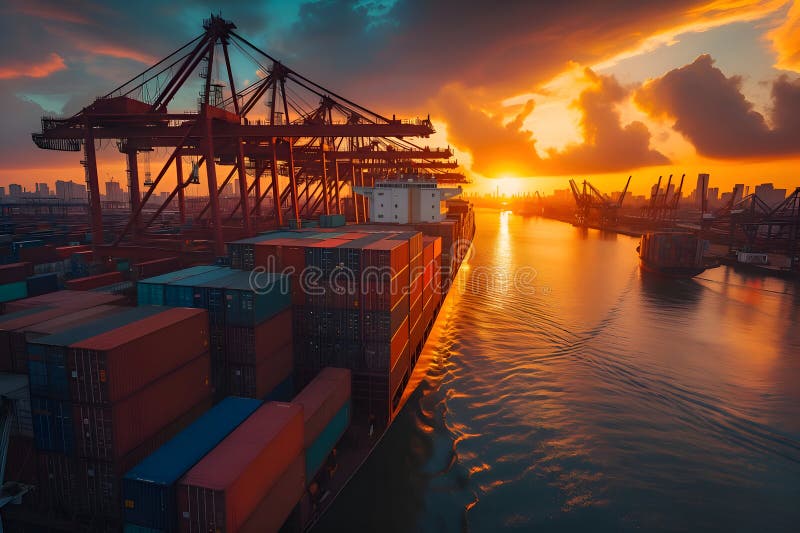 încărcarea și descărcarea navelor container la portul maritim stock illustration
