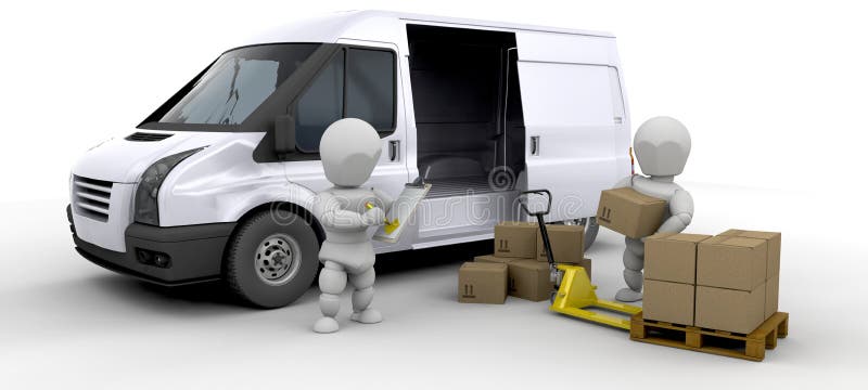 Workers loading a van with boxes. Stack vehicle illustrations