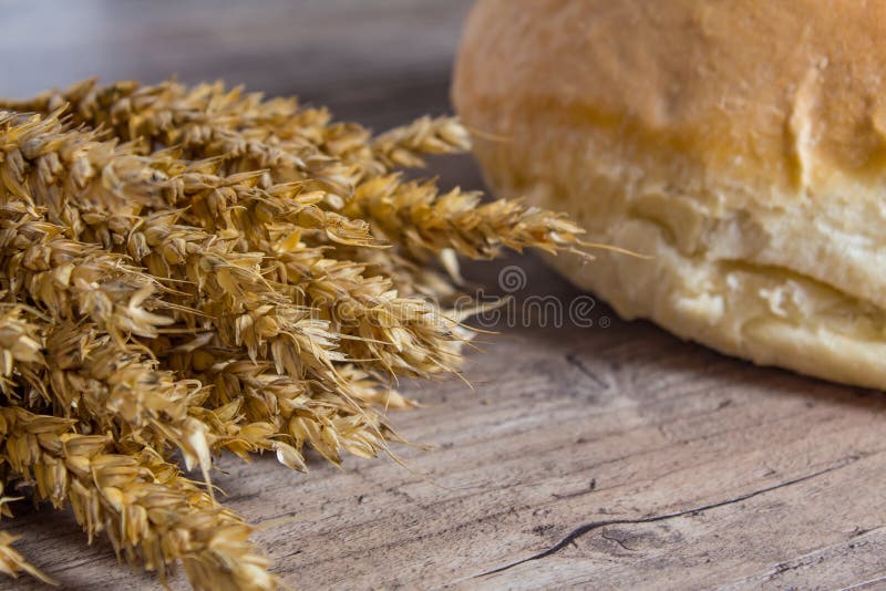A loaf of bread and ears of ripe wheat lie on a wooden table royalty free stock images