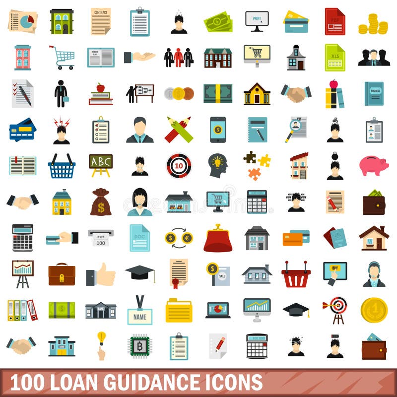 100 loan guidance icons set, flat style royalty free illustration