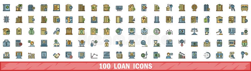 100 loan icons set, color line style vector illustration
