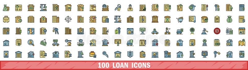 100 loan icons set, color line style vector illustration