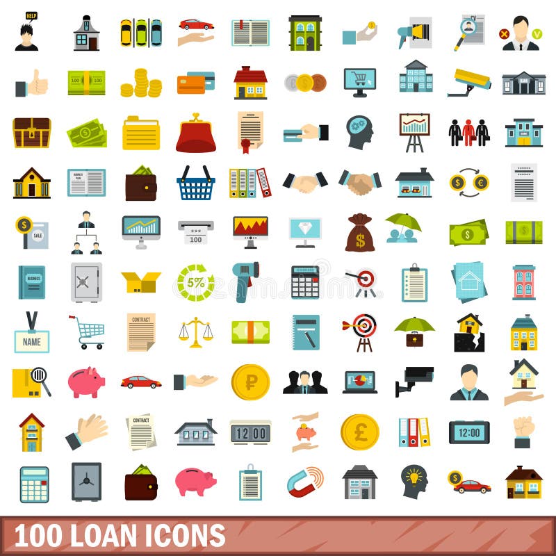 100 loan icons set, flat style royalty free illustration