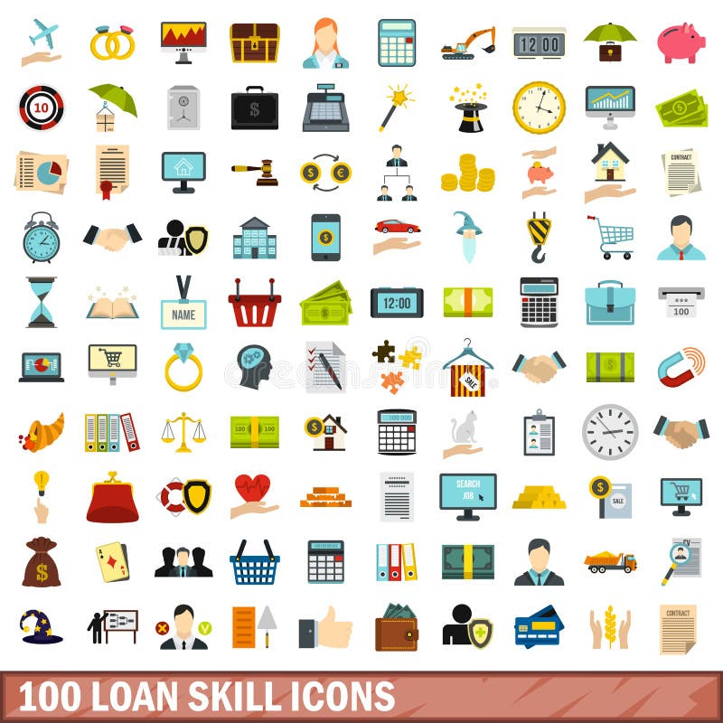 100 loan skill icons set, flat style stock illustration