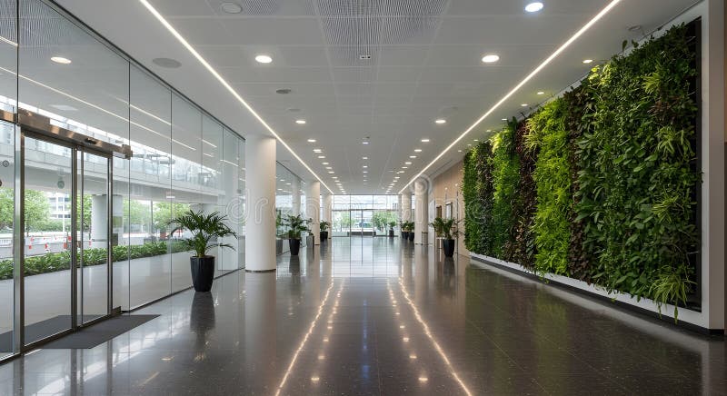 Lobby moderne per ufficio con pareti di vetro e giardini verticali illustrazione di stock