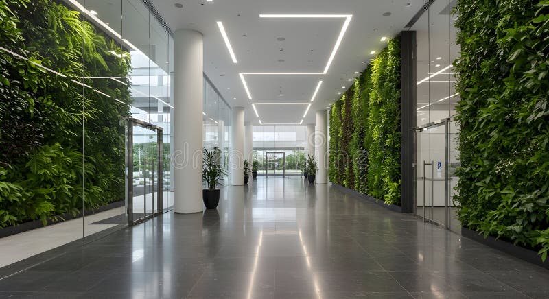 Lobby moderne per ufficio con pareti di vetro e giardini verticali illustrazione vettoriale