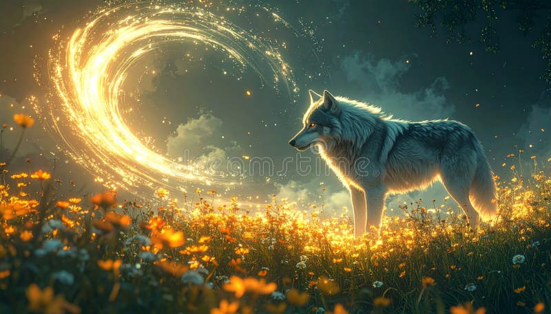 Lobo em pé num campo de luz dourada ilustração stock