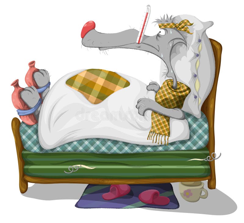Children's illustration. The patient is a wolf in bed with a hot-water bottles and a thermometer. Children's illustration. The patient is a wolf in bed with a hot-water bottles and a thermometer.