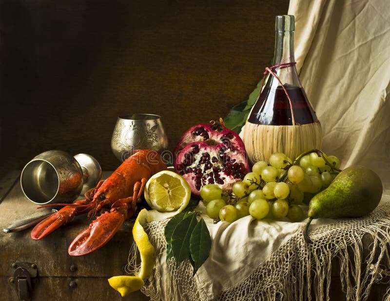 Lobster, wine grapes are the fruits of pomegranate pear