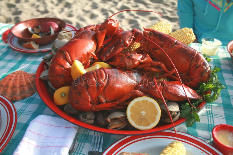 Beachside picnic with plate of lobsters and clams. Beachside picnic with plate of lobsters and clams.