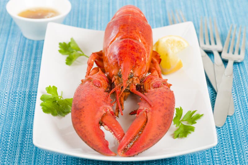 Lobster with Lemon Wedges and Browned Butter stock photography
