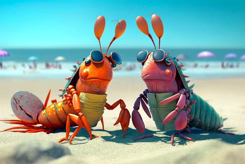 Lobster Love. Lovely Lobsters on the Beach Stock Illustration