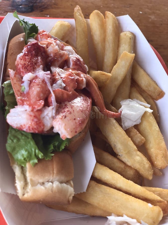 Lobster Roll for Lunch with Fries on a Summer Day Stock Image Image