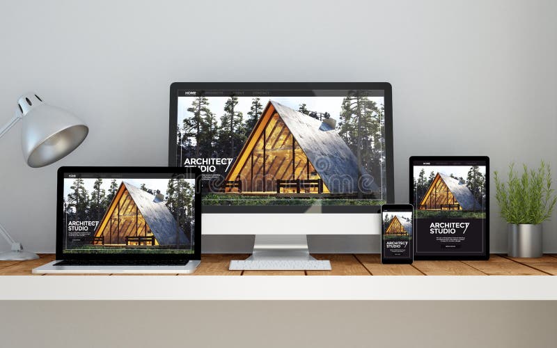 local de trabalho com Web site responsivo em linha dos bens imobiliários em dispositivos ilustração royalty free local de trabalho com Web site responsivo em linha dos bens imobiliários em dispositivos ilustração royalty free