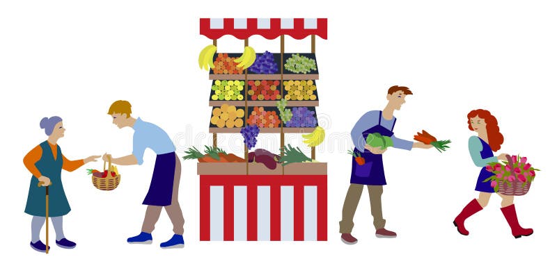 Farmers Selling Vegetables Produce on Stall in Flat Design Stock  Illustration - Illustration of cartoon, building: 114418835