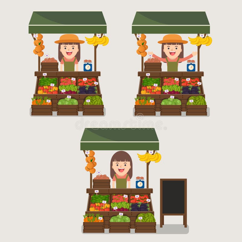 Local market farmer selling vegetables produce. stock illustration Local market farmer selling vegetables produce. stock illustration