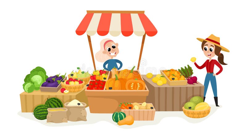 Local Market Farmers Selling Vegetables and Fruits Isolated on White. Stock Vector - Illustration of sell, farm: 220407033 Local Market Farmers Selling Vegetables and Fruits Isolated on White. Stock Vector - Illustration of sell, farm: 220407033