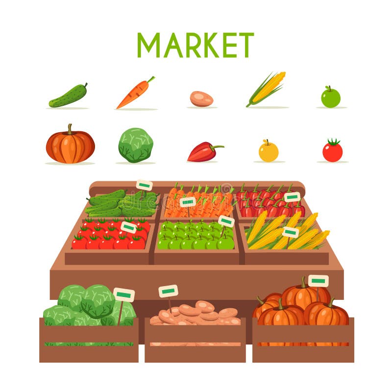 Farm Shop. Local Stall Market. Selling Vegetables. Cartoon Vector ...