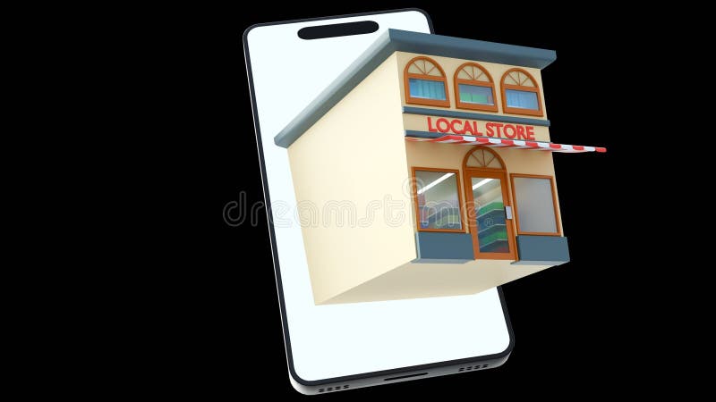 A \'Local Store\' building emerging from the screen of a white smartphone vector illustration