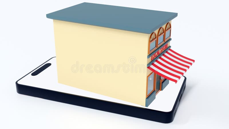 A \'Local Store\' building emerging from the screen of a white smartphone stock illustration