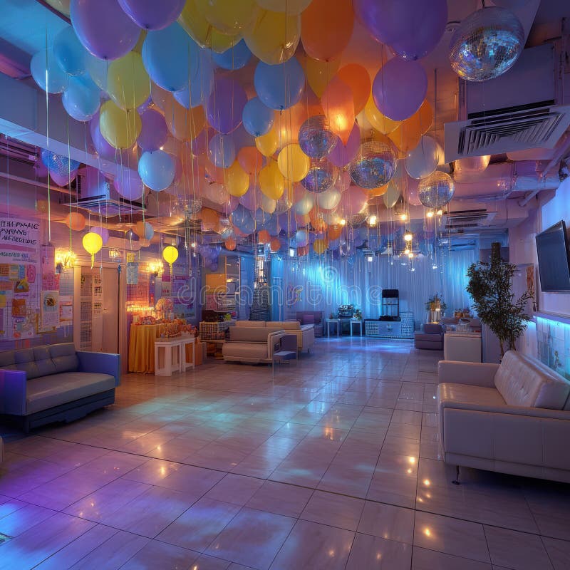 Locale bianco e verniciato con palloncini colorati con piastrelle riflettenti e riflettenti per pavimenti sopra l'illuminazione o fotografia stock libera da diritti