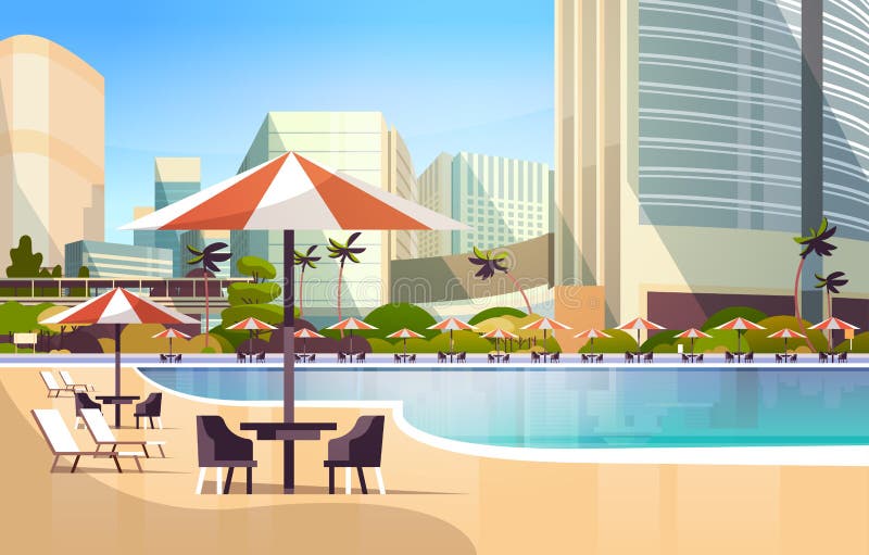 Località di soggiorno di lusso della piscina dell'hotel della città con la mobilia del ristorante degli scrittori e delle sedie d royalty illustrazione gratis Località di soggiorno di lusso della piscina dell'hotel della città con la mobilia del ristorante degli scrittori e delle sedie d royalty illustrazione gratis