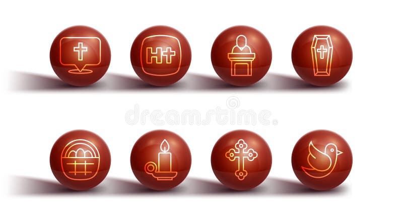 Set line Location church building Basket with easter eggs Coffin Christian cross Burning candle candlestick Dove and Church pastor preaching icon. Vector. Set line Location church building Basket with easter eggs Coffin Christian cross Burning candle candlestick Dove and Church pastor preaching icon. Vector.