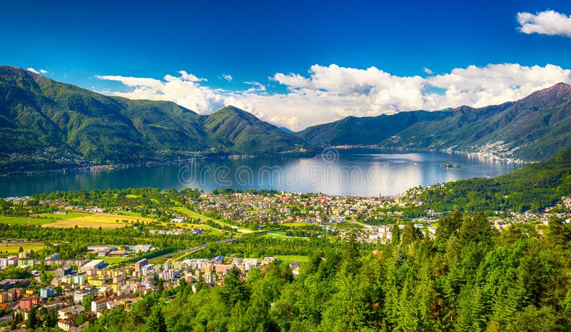 Locarno city and Lago Maggiore from Cardada mountain, Ticino, Switzerland