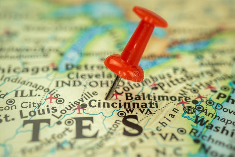 Location Cincinnati city in Ohio, map with red push pin pointing close-up, USA, United States of America