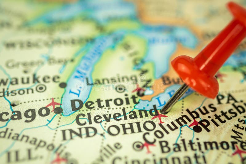 Location Cleveland city in Ohio, map with red push pin pointing close-up, USA, United States of America