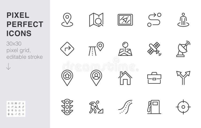 Location line icon set. Gps, proximity, road map, gas station, work destination, place marker minimal vector royalty free illustration
