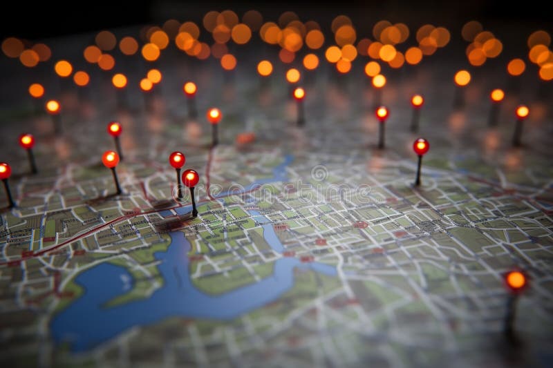 Location marking on a map of Paris with routes, red pins vector illustration