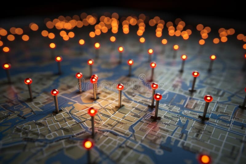 Location marking on a map of Paris with routes, red pins vector illustration