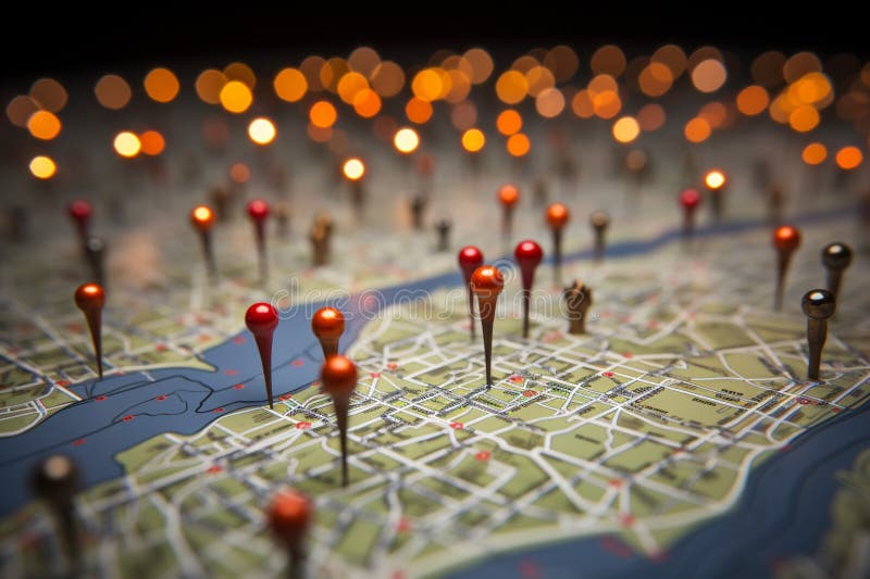 Location marking on a map of Paris with routes, red pins vector illustration