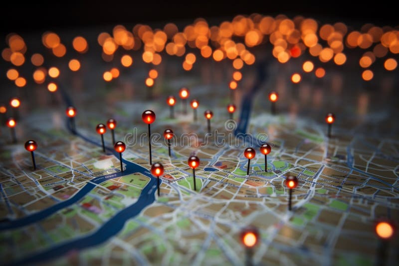 Location marking on a map of Paris with routes, red pins stock illustration