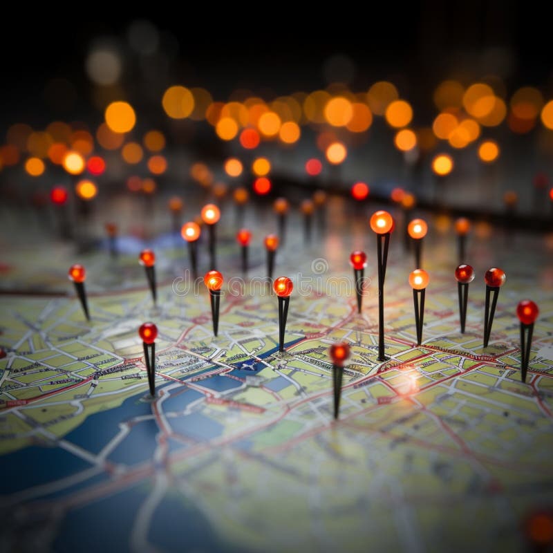 Location marking on a map of Paris with routes, red pins stock illustration