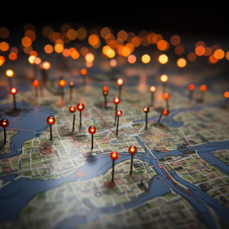 Location marking on a map of Paris with routes, red pins stock illustration