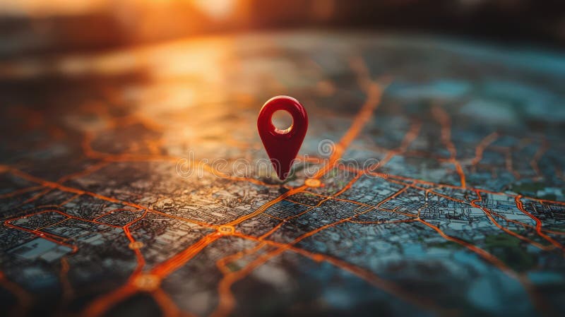 Location marking with a pin on a map with routes stock illustration