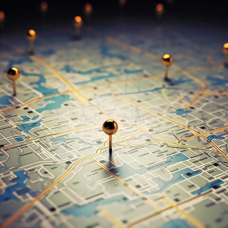 Location marking with a pin on a map with routes royalty free illustration