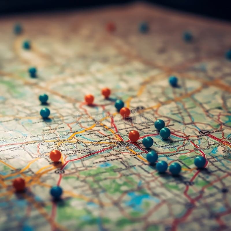 Location marking with a pin on a map with routes stock illustration