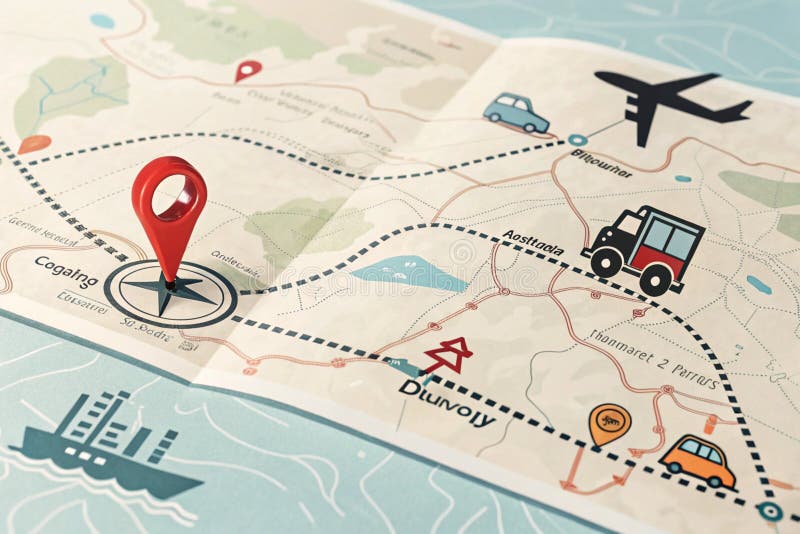 Location marking with a pin on a map with routes. Adventure, discovery, navigation, communication, logistics, geography, transport stock illustration