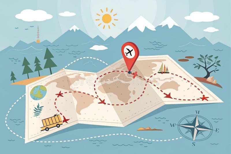 Location marking with a pin on a map with routes. Adventure, discovery, navigation, communication, logistics, geography, transport royalty free illustration