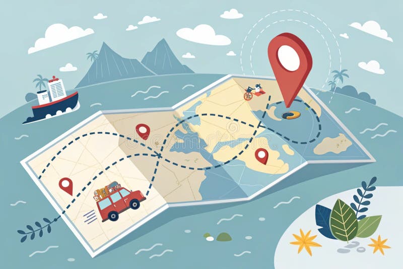 Location marking with a pin on a map with routes. Adventure, discovery, navigation, communication, logistics, geography, transport royalty free illustration