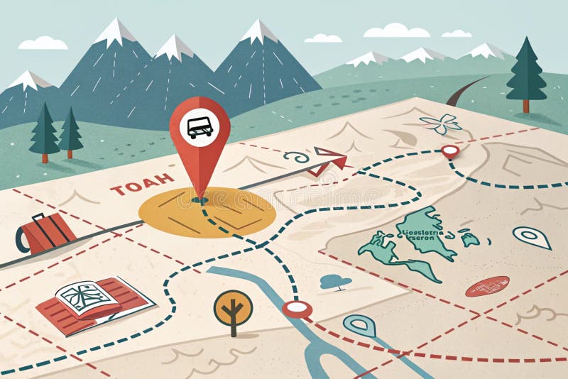 Location marking with a pin on a map with routes. Adventure, discovery, navigation, communication, logistics, geography, transport vector illustration