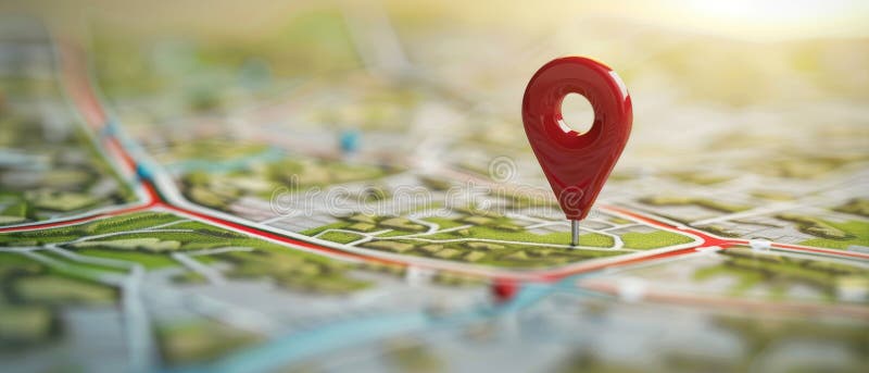 Location marking with a pin on a map with routes by image royalty free illustration.