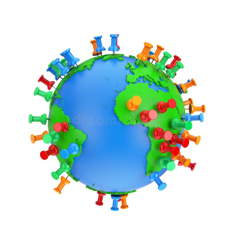 Location Marking Pins on an Earth Globe. 3d Rendering stock illustration