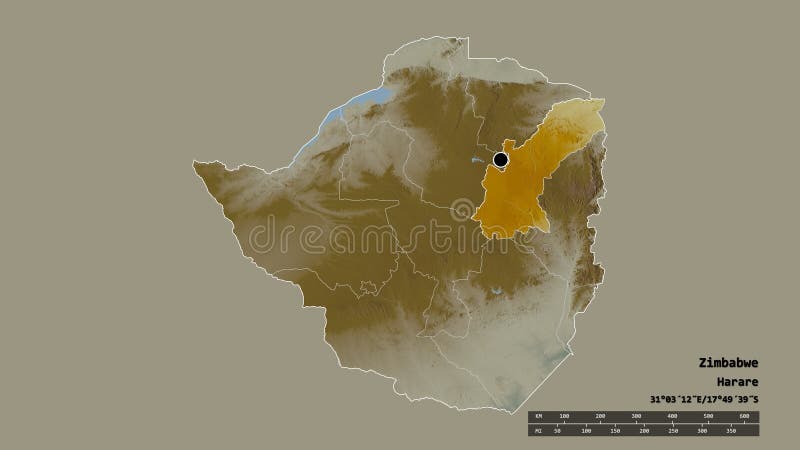 Location of Mashonaland East, province of Zimbabwe,. Relief. Desaturated shape of Zimbabwe with its capital, main regional division and the separated Mashonaland stock illustration Location of Mashonaland East, province of Zimbabwe,. Relief. Desaturated shape of Zimbabwe with its capital, main regional division and the separated Mashonaland stock illustration