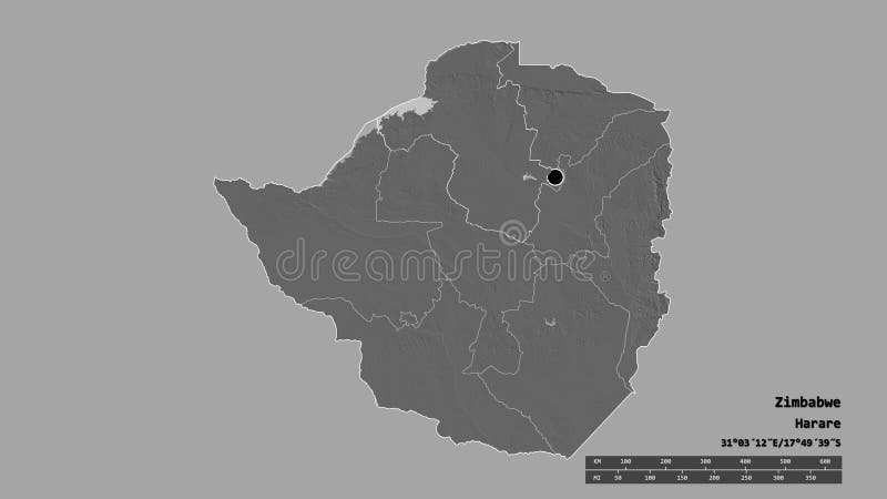 Location of Mashonaland West, province of Zimbabwe,. Bilevel. Desaturated shape of Zimbabwe with its capital, main regional division and the separated vector illustration Location of Mashonaland West, province of Zimbabwe,. Bilevel. Desaturated shape of Zimbabwe with its capital, main regional division and the separated vector illustration