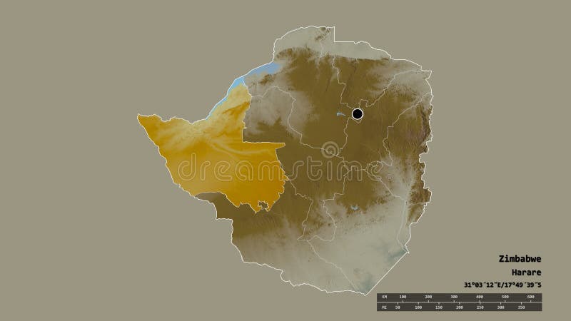 Location of Matabeleland North, province of Zimbabwe,. Relief. Desaturated shape of Zimbabwe with its capital, main regional division and the separated royalty free illustration Location of Matabeleland North, province of Zimbabwe,. Relief. Desaturated shape of Zimbabwe with its capital, main regional division and the separated royalty free illustration